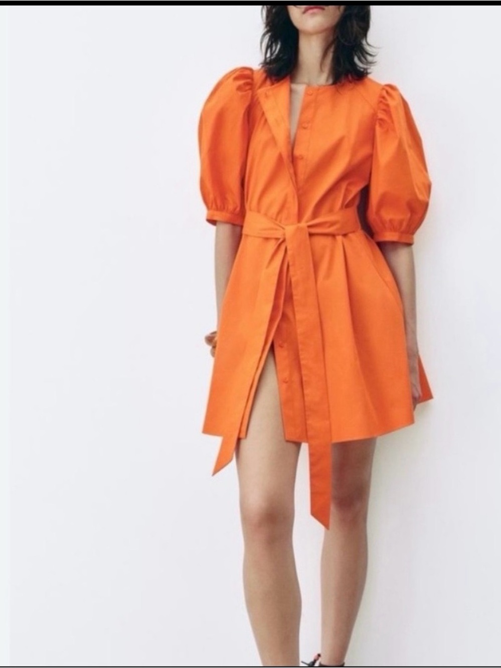 Zara 100% Cotton Bright Orange Puff-Sleeve Belted Mini Dress